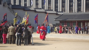 Tail end of the changing of the guard ceremony at Gyeongbokgung Palace.